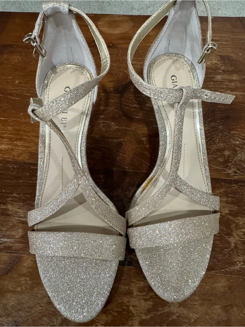 Gianni Bini Champagne Glitter T-Strap Heels